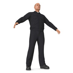 Worker Wearing Black Overalls Suit Standing Pose. Isolated On White Background 3D Illustration