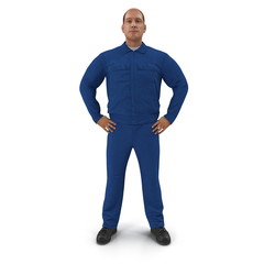 Worker In Blue Coverall Standing Pose On White Background. 3D Illustration