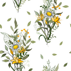Blooming realistic isolated flowers. Hand drawn. Vector illustration. Retro Wild seamless flower pattern. Vintage background. Wallpaper.