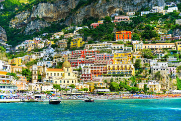 View of Positano along Amalfi Coast in Italy in summer.