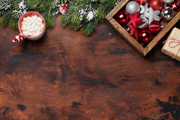 Christmas decor, cup of hot chocolate and fir tree