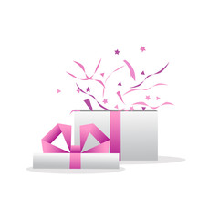Gift box, birthday package. Vector illustration. Delight present. Surprise concept.