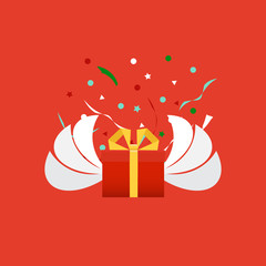 Gift box, birthday package. Vector illustration. Delight present. Surprise concept.