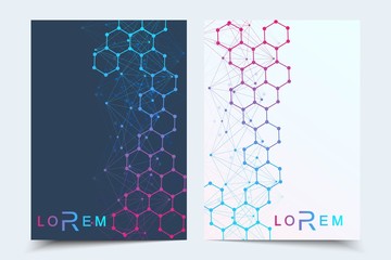 Minimal brochure templates, magazine, leaflet, flyer, cover, booklet, annual report, banner. Scientific concept for medical, technology, chemistry. Hexagonal molecule structure. Dna, atom, neurons.