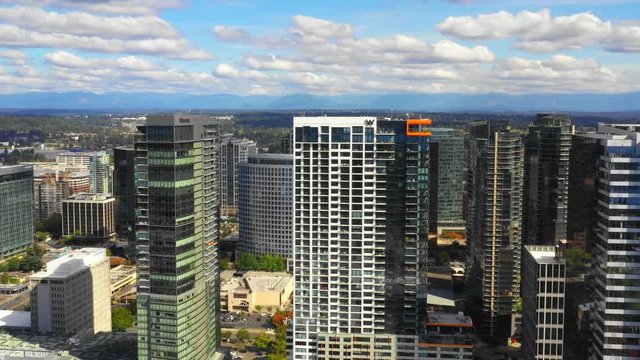 Aerial footage modern highrise architecture Bellevue Washington