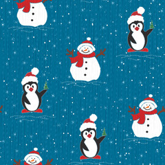 Vector seamless Christmas background with cute snowmen and penguins