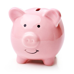 single pink piggy bank isolated on white background