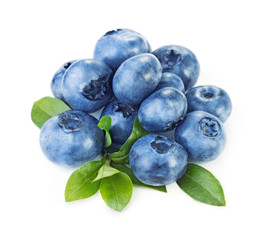 heap of ripe blueberry with leaves isolated on white background
