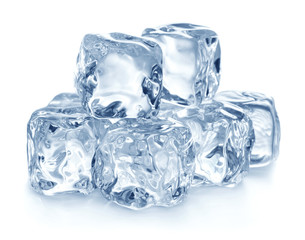 heap of pure blue ice blocks isolated on white background