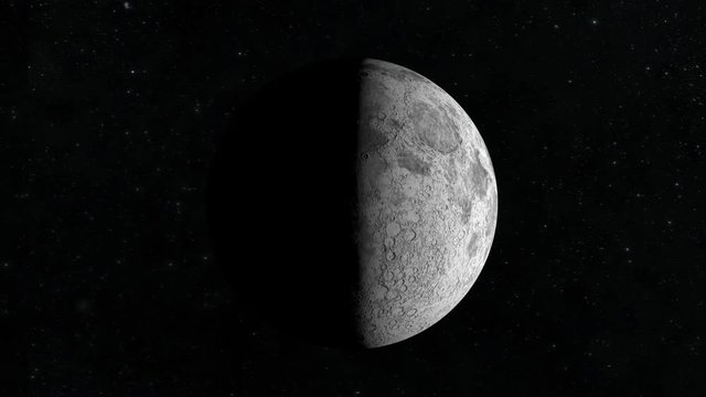 Moon. Time Lapse. The moon quickly passes a full cycle of illumination by the sun. View from space. Stars twinkle. 4K. Sun on the right.