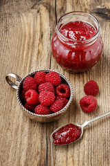 Bowl of raspberries and jar of jam