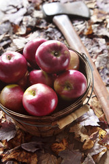 Apples in basket with axe