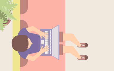 Person sitting and working on a laptop, flat vector illustration in top view - 225382128