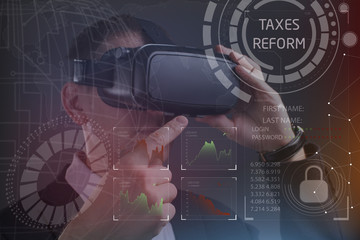 Business, Technology, Internet and network concept. Young businessman working in virtual reality...