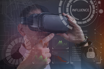 Business, Technology, Internet and network concept. Young businessman working in virtual reality glasses sees the inscription: Influence