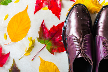 Fototapeta na wymiar Lace Up Brogues with Autumn Leaves as a background