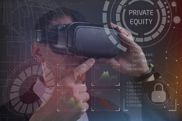 Business, Technology, Internet and network concept. Young businessman working in virtual reality glasses sees the inscription: Private equity