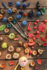 fruits, brushes and water color on wood table 