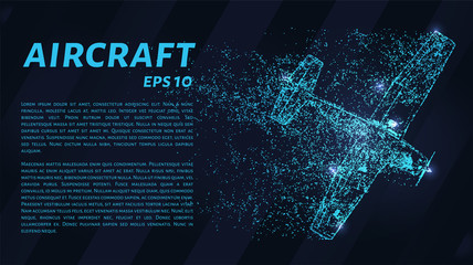 Plane of particles on a dark background. The plane consists of geometric shapes. Vector illustration.