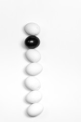 on a white background, white eggs in a row and one black symbolizing diversity, separation, concretion and leadership