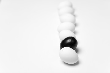 on a white background, white eggs in a row and one black symbolizing diversity, separation, concretion and leadership