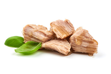 Canned Meat with Jelly and basil leaves, close-up, isolated on white background