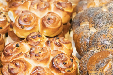 Fresh baked pastries - buns with raisins and roll with poppy seeds, as a background