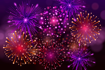 Festive Colorful fireworks on black background. Set of Vector realistic fireworks illustration.