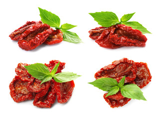 Set with sun dried tomatoes and basil on white background