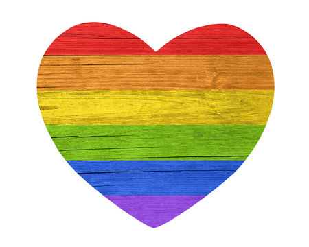 Heart shape symbol with wooden texture painted in LGBT flag colors on white background. Gay pride