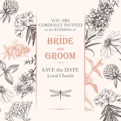 Vector elegant wedding card with meadow flowers