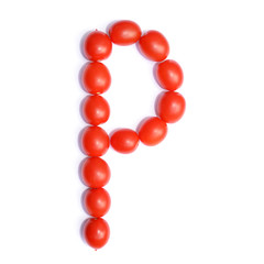 The letter P is made of tomato. Symbol of the English alphabet of tomato on a white background.