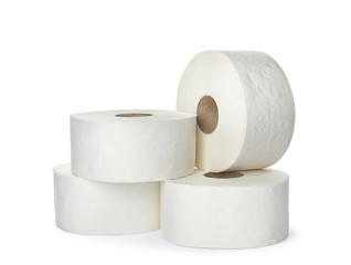 Rolls of toilet paper on white background
