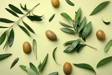 Gordijnen Flat lay composition with fresh green olive leaves, twigs and fruit on color background © New Africa