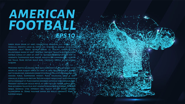 American football made up of particles.Football player sets the ball to hit