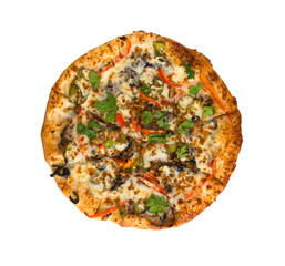Pizza on a white background close-up. Freshly baked pizza isolated on white background. Top view.