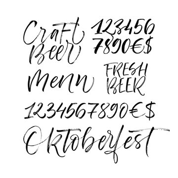 Set of phrase: craft beer, menu, fresh beer, oktoberfest and numbers. Hand drawn brush style modern calligraphy. Vector illustration of handwritten lettering.