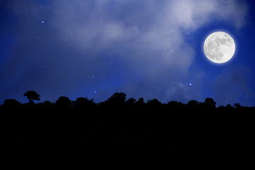 Romantic night. Full moon over mountain background.