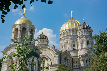 View of the dome of the Orthodox Cathedral in Riga, Latvia. The Cathedral of the Nativity of Christ...