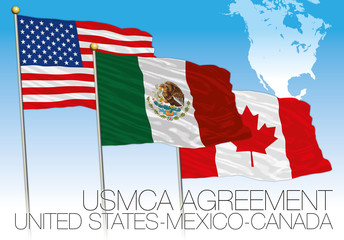 USMCA Agreement 2018 flags, United States, Mexico, Canada, vector illustration with map - obrazy, fototapety, plakaty