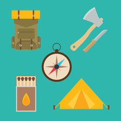 Set of camping equipment in flat style isolated on blue background. Collection of Backpack, Matches, Ax, knife, tent and compass vector illustration. Camping equipment symbols and icons.