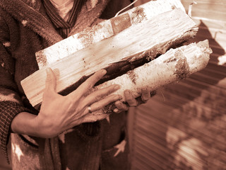 female hands holding firewood