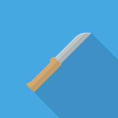 Knife flat icon isolated on blue background. Kitchenware sign symbol in flat style with long shadow. Vector illustration for web and mobile design.
