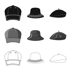 Vector design of headgear and cap symbol. Collection of headgear and accessory vector icon for stock.
