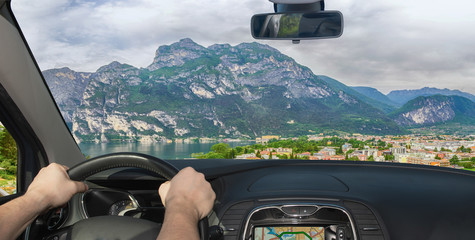 Driving a car towards Riva del Garda, Lake Garda, Italy