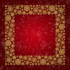 Christmas frame with golden snowflakes on a red background. Border of sequin confetti. Glitter powder sparkling background