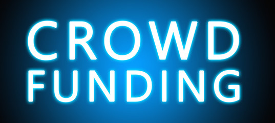 Crowd Funding - glowing white text on blue background