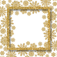 Festive frame with golden snowflakes and free space for text. Greeting card with gilded sequins.