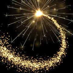 Golden sparkling petard or firework on black background.