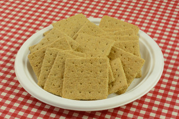 Graham cracker squares snack on white eco-friendly disposable plate in red checkered tablecloth